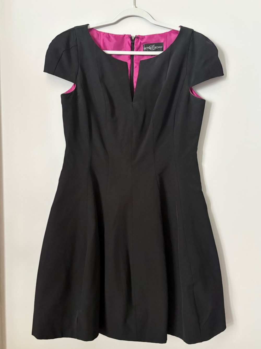 Structured Black Fit-and-Flare Dress with Pink Lining ; cocktail; cap sleeves